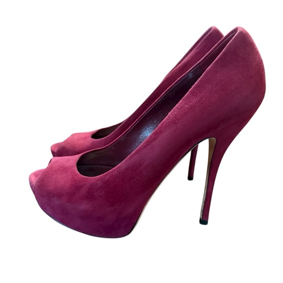 Gucci Suede Peep Toe Platform Pumps Burgundy Stiletto Heel EU 37.5 US 7.5 - Picture 6 of 14